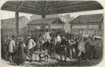 एडमंड टेक्सियर 1852 द्वारा "झांकी-डी-पेरिस" में उत्कीर्णन - पेरिस के I arrondissement में rue des Prouvaires बाजार में कसाई का मांस बनाता है द्वारा फ्रेंच स्कूल