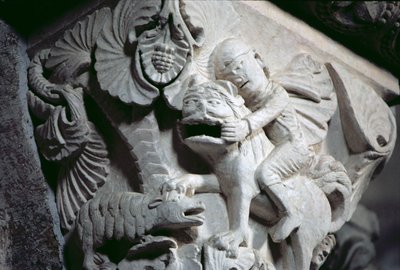 डेविड स्लेइंग द लायन (एक राजधानी का विवरण) c.1130 (पत्थर) द्वारा फ्रेंच स्कूल