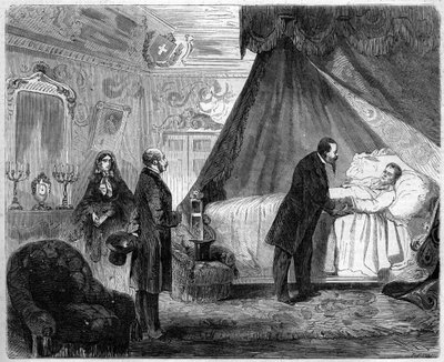 डेथ ऑफ़ द काउंट ऑफ़ कैवोर, 6 जून 1861: इटली के राजा विक्टर इमैनुएल II (विक्टर-इमैनुएल) (विटोरियो इमानुएल) (1820-1878) कैमिलो बेन्सो, काउंट ऑफ़ कैवोर (1810-1861), उनकी मृत्यु से एक दिन पहले। 15 जून . के n°218 "" Le Monde Illustré"" में उ द्वारा फ्रेंच स्कूल