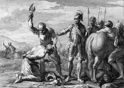 साइग्रियस का पतन, ४८६: रोमन जनरल सिएग्रियस (४३०-४८६) का निष्पादन क्लोविस १ के सैनिकों द्वारा सोइसन्स की लड़ाई में पराजित हुआ। १८वीं शताब्दी का उत्कीर्णन। द्वारा फ्रेंच स्कूल