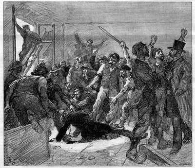 1886 में डेकाज़विल (एवेरॉन) खनिकों की हड़ताल: इंजीनियर वाट्रिन की ग्रीविस्ट्स द्वारा हत्या कर दी गई थी। "" ले मोंडे इलस्ट्रे" में उत्कीर्णन, 6 फरवरी 1886। द्वारा फ्रेंच स्कूल