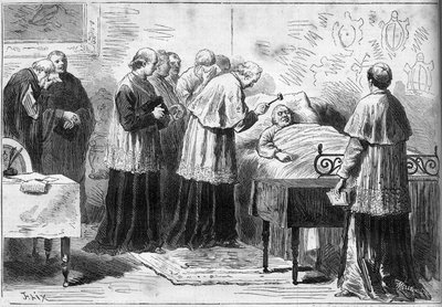 पोप पायस IX (Pio) (1792-1878) के निर्णय: पोप की मृत्यु की मान्यता का अनुष्ठान। एक कार्डिनल ने मृतक के माथे पर चांदी के हथौड़े से प्रहार किया। 16 फरवरी 1878 के "" ले मोंडे इलस्ट्र्रे"" एन ° 1089 में उत्कीर्णन। द्वारा फ्रेंच स्कूल