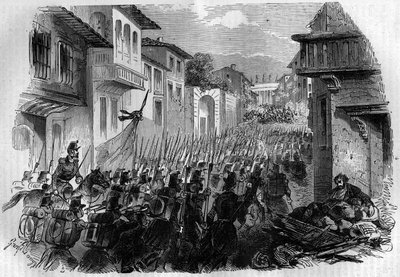 फ्रांसीसी सेना के खिलाफ रोम की रक्षा। जनरल ओडिनॉट ने 30 जून 1849 को जनिकुल की लड़ाई में रोम पर कब्जा कर लिया और पोप पायस IX को जवाब देने के लिए जुलाई में क्रांतिकारियों का पीछा किया। "हिस्टोइरे डेस पेप्स-रोइस-क्वीन एंड एम्पीयरर्स ए ट्रैवर्स लेस सेंटूर द्वारा फ्रेंच स्कूल
