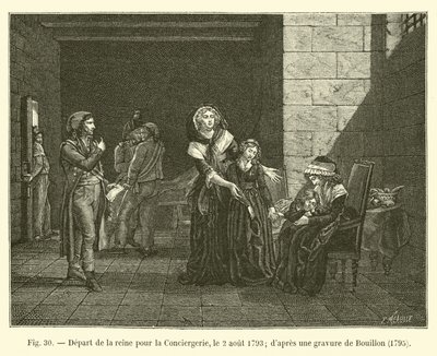 कॉन्सियर के लिए रानी का प्रस्थान, 2 अगस्त, 1793; 1795 में बुइलन के उत्कीर्णन के बाद द्वारा फ्रेंच स्कूल