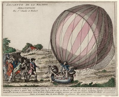 सीनियर्स की एयरोस्टैटिक मशीन का अवतरण। चार्ल्स और रॉबर्ट, पब। 1783 (हाथ से रंगी हुई नक्काशी) द्वारा फ्रेंच स्कूल