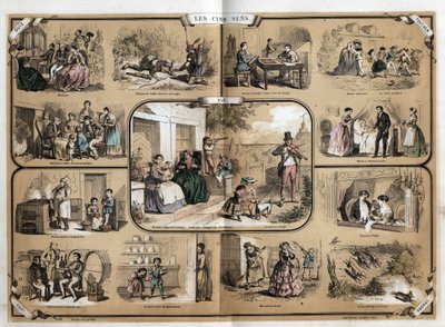 पांचों इंद्रियों का वर्णन: देखना, बाएं से दाएं और ऊपर से नीचे, सुनना, स्पर्श, गंध और स्वाद। प्लेट "" लेस सिनक सेंस "" में "" लेस रिक्रिएशन इंस्ट्रक्टिव्स "" जूल्स डेलब्रुक द्वारा सिनॉप्टिक पेंटिंग, 1860 से उत्कीर्ण।  द्वारा फ्रेंच स्कूल