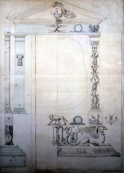 शेवाल दर्पण के लिए डिज़ाइन, c.1815 (कागज पर कलम और स्याही और पानी के रंग का) द्वारा फ्रेंच स्कूल