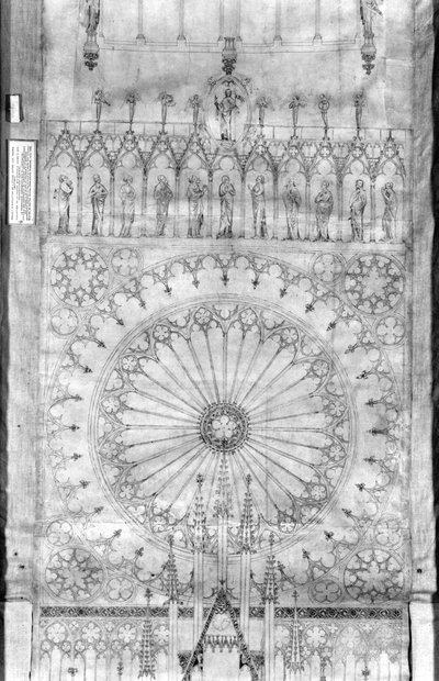 स्ट्रासबर्ग कैथेड्रल, c.1380 (कागज पर कलम और स्याही और गौचे) के मोर्चे पर राजाओं की गुलाब की खिड़की और गैलरी के लिए डिजाइन (विस्तार से देखें 207685) द्वारा फ्रेंच स्कूल