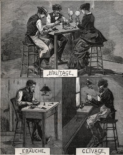 डायमंड कटिंग, साउंड, रफ एंड क्लीवेज। एडोल्फ बिटार्ड द्वारा 1885 से "लेस आर्ट्स एट मेटियर्स इलस्ट्रेट्स" में उत्कीर्णन। द्वारा फ्रेंच स्कूल