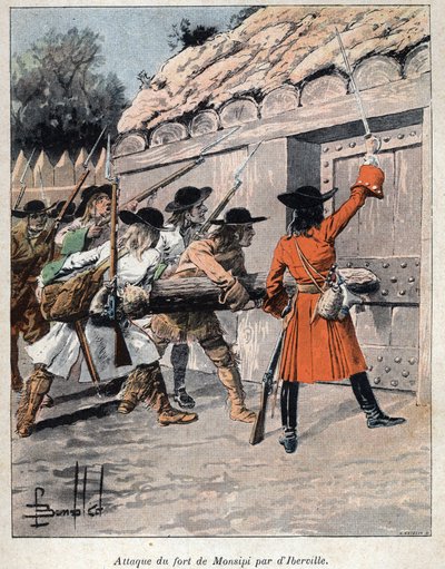 कनाडा की खोज की गई: 1686 में पियरे ले मोयने डी'इबरविले (1661-1706) द्वारा फोर्ट मोनसिपी (मूस, फिर सेंट लुइस या सेंट लुइस) का हमला। यूजीन गुएनिन द्वारा "ला नोवेल फ्रांस" में 19 वीं शताब्दी के अंत से उत्कीर्णन। द्वारा फ्रेंच स्कूल