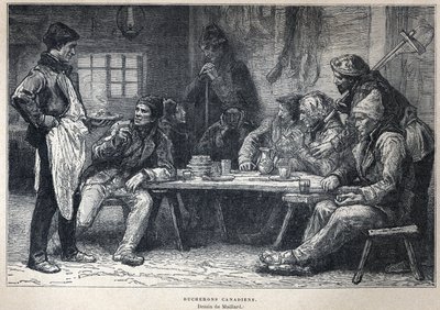 कनाडा की खोज की: कनाडाई लकड़हारा। माइलर्ड द्वारा ड्राइंग। यूजीन गुएनिन द्वारा "ला नोवेल फ्रांस" में 19वीं शताब्दी के अंत से उत्कीर्णन। द्वारा फ्रेंच स्कूल