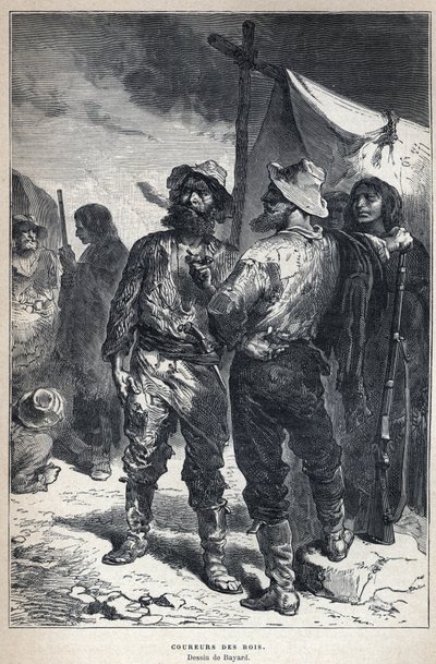 कनाडा से खोजा गया: कौरूर डेस बोइस (Amerindians के साथ फर व्यापार में शामिल)। बायर्ड ड्राइंग। यूजीन गुएनिन द्वारा "ला नोवेल फ्रांस" में 19वीं शताब्दी के अंत से उत्कीर्णन। द्वारा फ्रेंच स्कूल