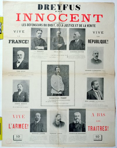 19 वीं सदी के अंत में, अपने रक्षकों के चित्रों के साथ ड्रेफस इस्ट इनोसेंट, पोस्टर द्वारा फ्रेंच स्कूल