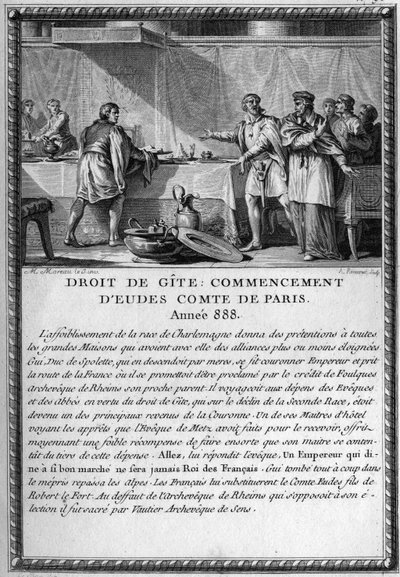 Droit de Gite, बिगिनिंग ऑफ यूड्स, काउंट ऑफ पेरिस, वर्ष 888। किंग गाइ (गुई) III, ड्यूक ऑफ स्पोलेट (मृत्यु 894) एक कॉटेज के अधिकार के तहत मेट्ज़ के ईव द्वारा हेबर्गर थे (एक प्रभु को अधिकार देने वाले सामंती अधिकार) जब वह अंदर जाता है तो अपने लोगों द्वारा हेबर द्वारा फ्रेंच स्कूल