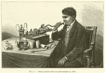 एडिसन अपने फोनोग्राफ में बोलते हुए (उत्कीर्णन) द्वारा फ्रेंच स्कूल
