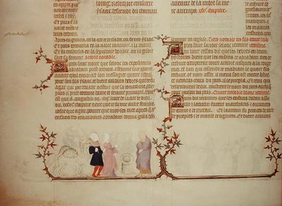 एलीएज़र ने रेबेका को इसहाक को 'द बाइबल ऑफ़ जीन डे सी' से प्रस्तुत किया, c.1355 (वेल्लम) द्वारा फ्रेंच स्कूल