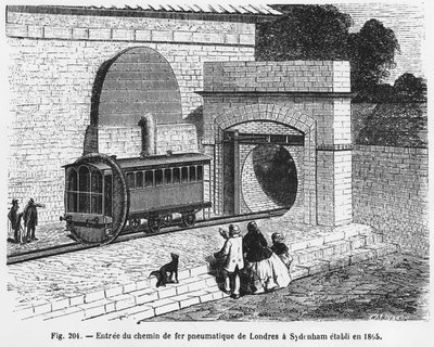 लंदन से सिडेनहैम के लिए न्यूमेटिक रेलवे का प्रवेश, 1865 में स्थापित - एल फिगुएर द्वारा "द वंडर्स ऑफ साइंस" में। मैं द्वारा फ्रेंच स्कूल
