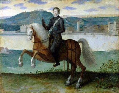 पेरिस, 1594 की दीवारों से पहले हेनरी IV (1553-1610) फ्रांस के राजा का अश्वारोही चित्र द्वारा फ्रेंच स्कूल