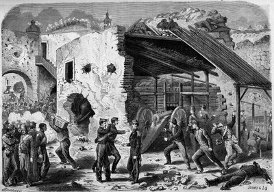 मेक्सिको से अभियान (1861-1867) - पुएब्ला की घेराबंदी - 1863: फ्रांसीसी सेना द्वारा एक कैडर (हाउस ब्लॉक) पर हमला। एक बार शहर के अंदरूनी हिस्सों में प्रवेश करने के बाद, फ्रांसीसी सैनिकों को तिमाही दर तिमाही लड़ना पड़ा। "" ले मोंडे I . में उत्कीर्णन द्वारा फ्रेंच स्कूल