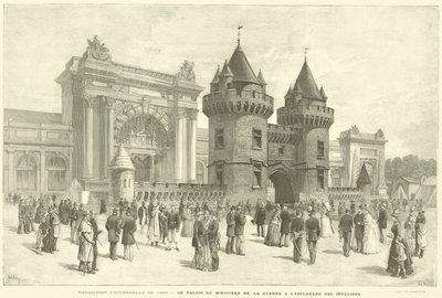 1889 की सार्वभौम प्रदर्शनी, L'Esplanade des Invalides (उत्कीर्णन) में युद्ध मंत्रालय का महल द्वारा फ्रेंच स्कूल