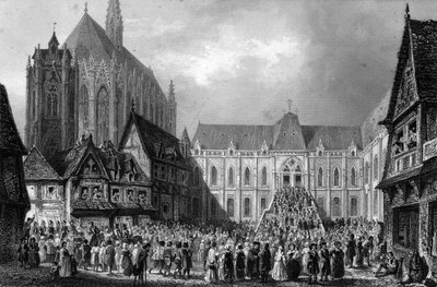 कचहरी का बाहरी दृश्य। 1844 से उत्कीर्ण विक्टर ह्यूगो द्वारा "नोट्रे डेम डे पेरिस" में। द्वारा फ्रेंच स्कूल
