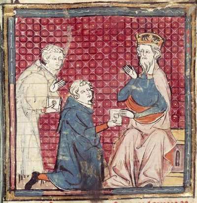 F.117r मेसेंजर्स ने ग्रैंड क्रोनिक्स डे फ्रांस, 1375-79 से सराकेन पर जीत का शारलेमेन बताया द्वारा फ्रेंच स्कूल