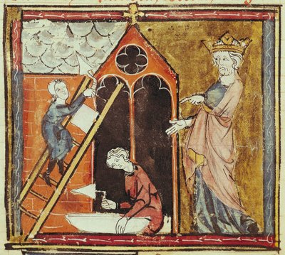 F.235v राजा लुई VI (1080-1137) ग्रैंड क्रोनिक्स डे फ्रांस 1375-79 से एक चर्च का निर्माण देखना द्वारा फ्रेंच स्कूल