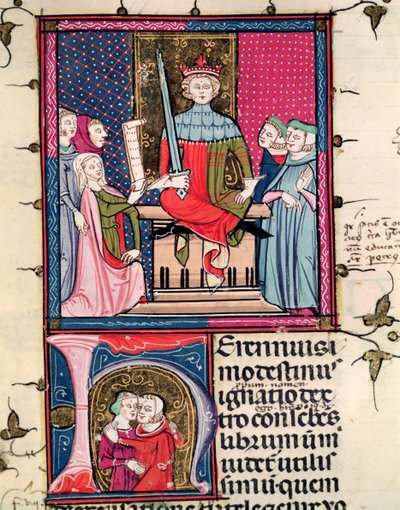F.39r कंजुगल लॉ, एक व्यभिचारी पत्नी जो कोर्ट में पेश होती है, फोर्टियाटम में जस्टिनियन से द्वारा फ्रेंच स्कूल
