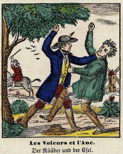 Fables de La Fontaine: चोर और गधा। एपिनल की छवि, 19वीं सदी की पहली छमाही। द्वारा फ्रेंच स्कूल