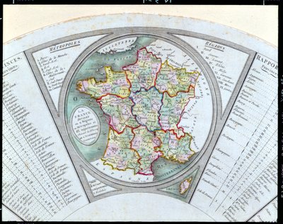 फ्रांस के मानचित्र को 9 क्षेत्रों, 10 महानगरों और 83 विभागों, 1790 में विभक्त करते हुए फैन द्वारा फ्रेंच स्कूल