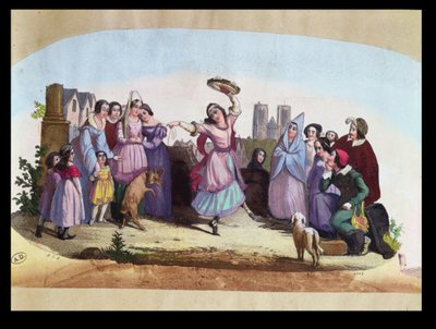 विक्टर ह्यूगो (1802-85) c.1836 के उपन्यास के बाद लुईस-एंजेलिक बर्टिन (1805-77) के एक ओपेरा, ला एसमराल्डा के एक दृश्य को दर्शाती फैन डिज़ाइन द्वारा फ्रेंच स्कूल
