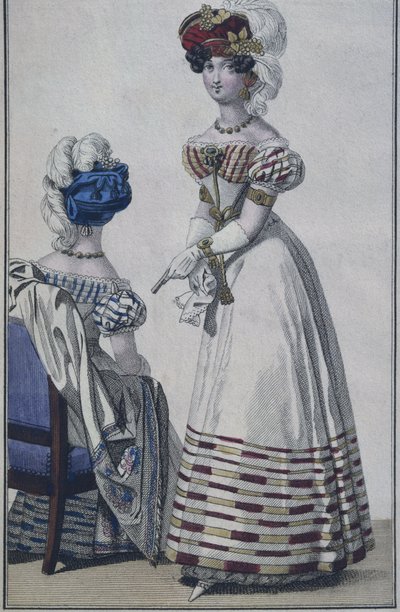 फैशन प्लेट, पेरिस, द लिटिल करियर डेस डेम्स से चित्रण, c.1820 (रंग उत्कीर्णन) द्वारा फ्रेंच स्कूल
