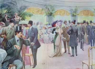 एक समाज सभा का चित्रण करते हुए फैशन प्लेट, 1908 द्वारा फ्रेंच स्कूल