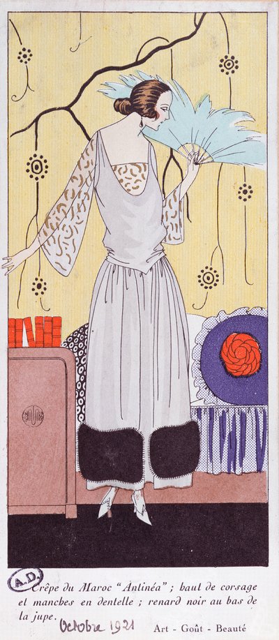 फैशन, कला, गाउट, ब्यूट, 1921, (पोचो प्रिंट) से पंखों से बने पंखे का चित्रण द्वारा फ्रेंच स्कूल