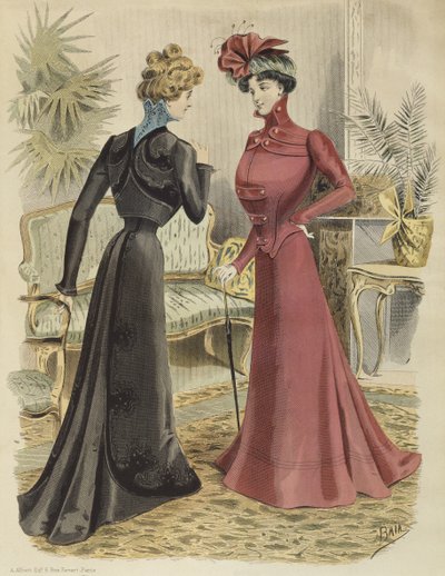फैशन प्लेट, लिविंग रूम में, ला नोवेल मोड, 1897 (रंग उत्कीर्णन) से चित्रण द्वारा फ्रेंच स्कूल