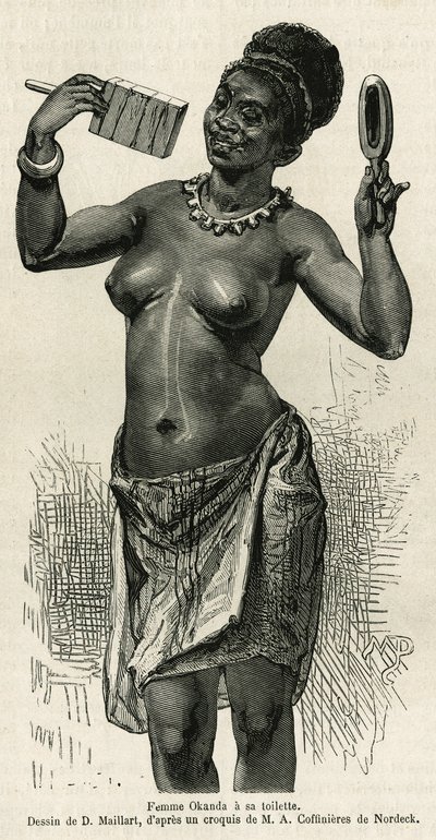 1875-1877 में अल्फ्रेड मार्चे द्वारा गैबॉन और ओगौ नदी की यात्रा की कहानी को चित्रित करने के लिए फेमे ओकांडा में उसका शौचालय है, जिसे डी.मेलार्ड द्वारा चित्रित किया गया है। ले टूर डू मोंडे में उत्कीर्णन द्वारा फ्रेंच स्कूल