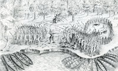 1624 में वॉयज डी चम्पलेन से ह्यूरन्स की लड़ाई, 1567-1635 को सैमुअल डे चमप्लैन द्वारा द्वारा फ्रेंच स्कूल
