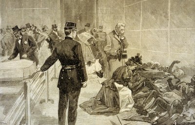 4 मई, 1897 को पेरिस में बाजार डे ला चरित में आग: तबाही के बाद, पैलैस डी लंडड्रे में पीड़ितों की पहचान करने वाले परिवार द्वारा फ्रेंच स्कूल