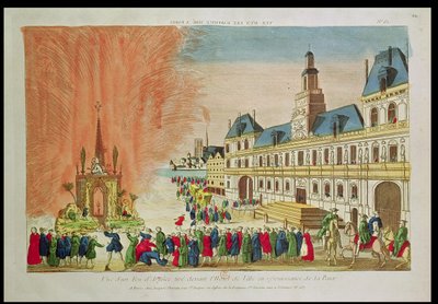 पेरिस में होटल डी विले के सामने आतिशबाजी, 1783 की शांति का उत्सव मनाते हुए द्वारा फ्रेंच स्कूल