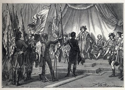 पहला गठबंधन: जोआचिम मूरत (1767-1815) इतालवी अभियान के दौरान नेपोलियन बोनापार्ट की कमान में फ्रांसीसी सेना द्वारा जीते गए झंडे कार्यकारी बोर्ड को प्रस्तुत करता है। १८८९ से उत्कीर्णन। निजी संग्रह। द्वारा फ्रेंच स्कूल