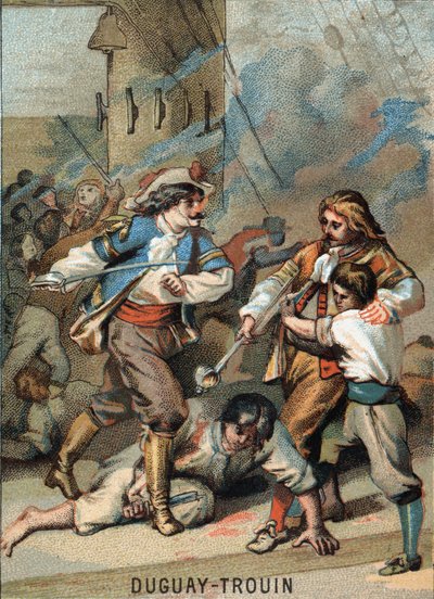 रेने डुग्वे ट्रौइन (डुग्वे-ट्रौइन) (रेने ट्रौइन डु गुए डिट) (1673-1736), फ्रांसीसी नाविक: डुग्वे - ट्रौइन लड़ाकू वासेनेर (1695) का पहला करतब। श्रृंखला की क्रोमोलिथोग्राफी "" छवि के माध्यम से देशभक्ति शिक्षा ""। द्वारा फ्रेंच स्कूल