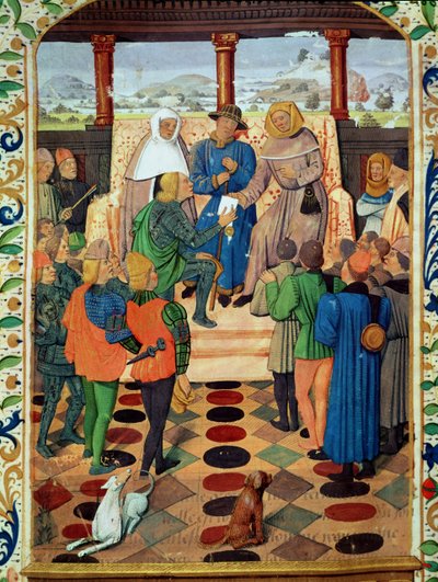 Fol.185v चार्ल्स VII (1403-61) ने जीन ऑफ ब्यूइल (1405-78) द्वारा ले जौवेनसेल से जोन ऑफ आर्क (1412-31) को एक दस्तावेज दिया। द्वारा फ्रेंच स्कूल