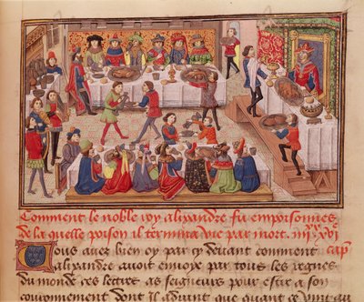 Fol.298r महान राजा अलेक्जेंडर को कैसे जहर दिया गया था, जीन वूक्वेलिन की एक पुस्तक का चित्रण, हिस्टॉयर डु ग्रैंड एलेक्जेंडर 1460 से द्वारा फ्रेंच स्कूल