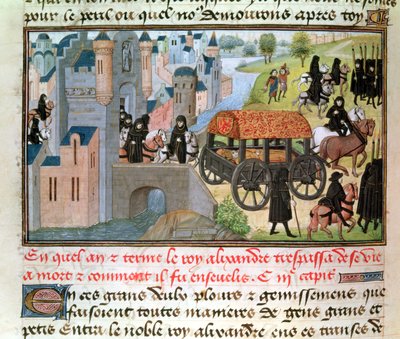 Fol.305v कैसे अलेक्जेंडर द ग्रेट (356-323 ईसा पूर्व) पास और दूर था, जीन वौक्कलिन की पांडुलिपि से, हिस्टॉयर डु ग्रैंड एलेक्जेंडर, 1460 से द्वारा फ्रेंच स्कूल
