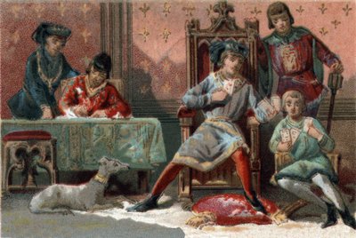 ध्यान भटकाने के लिए फ्रांस के राजा चार्ल्स VI (1368-1422) ताश खेलते थे। 1890 के आसपास क्रोमोलिथोग्राफी। द्वारा फ्रेंच स्कूल