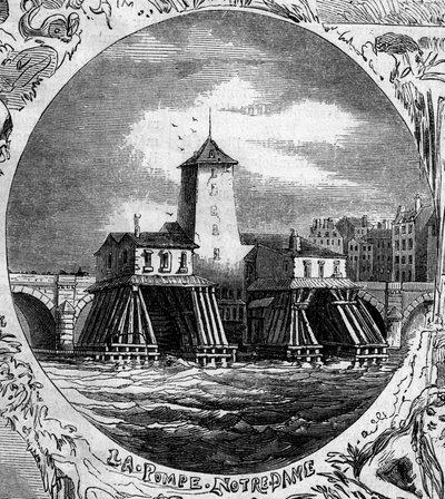 पेरिस का फव्वारा: पोम्पे नोट्रे डेम (1676) का दृश्य। इस हाइड्रोलिक पंप को 1858 में ध्वस्त कर दिया गया था। 22 फरवरी के "ले मोंडे इलस्ट्रे" एन °254 में उत्कीर्णन द्वारा फ्रेंच स्कूल