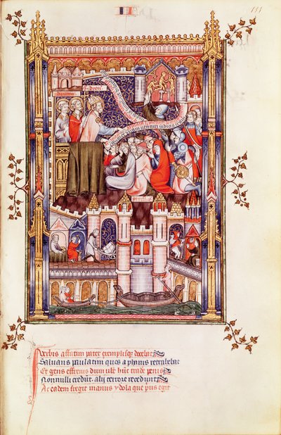 Fr 2091 fol.111 सेंट डेनिस पेरिसियों को उपदेश दे रहे हैं, जो उनकी मूर्ति मूर्ति को तोड़ते हैं, वी डे सेंट डेनिस, 1317 द्वारा फ्रेंच स्कूल