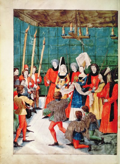 Fr 2692 f.70v क्वीन को एक विलक्षण टूर्नामेंट के लिए पुरस्कार प्रदान करते हुए, Livre des Tournois de Rene dAnjou, c.1488-89 द्वारा फ्रेंच स्कूल