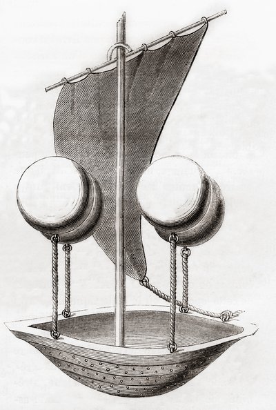 फ्रांसेस्को लाना डे टेर्ज़ी की फ्लाइंग बोट कॉन्सेप्ट c.1670, 'लेस मर्वेल्स डे ला साइंस' से, c.1870 (लिथो) प्रकाशित हुई द्वारा फ्रेंच स्कूल