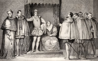फ्रेंकोइस II (1544-60) संसदीय कर्तव्यों को बताता है कि ड्यूक ऑफ गुइज़ और कार्डिनल राज्य को नियंत्रित करेंगे, कोलार्ट द्वारा &39;हिस्टॉयर डी फ्रांस&39; से प्रकाशित c.1840 द्वारा फ्रेंच स्कूल